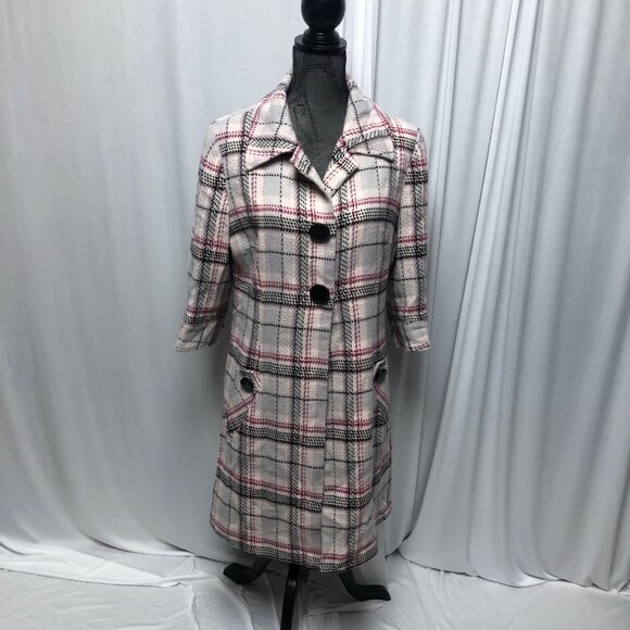 mac & jac Jackets & Blazers - Mac and Jac Trench Coat Womens Size Large Pink Black Plaid Lined Midi Jacket